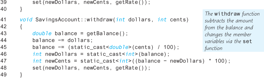 An illustration shows the continued part of the code segment usin a derived class “SavingsAccount.”