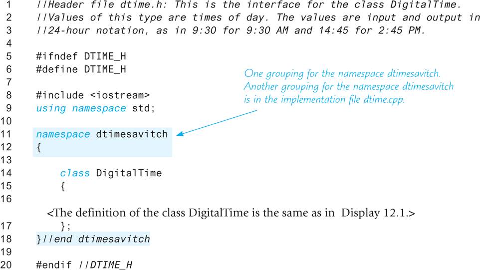 An illustration shows a code segment illustrating how to place a “Class” in a “Namespace–Header File.”