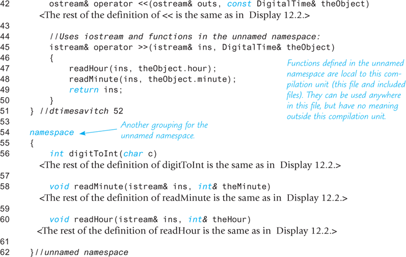 An illustration shows the continued part of the code segment illustrating how to place a “Class” in a ”Namespace–Implementation File.“