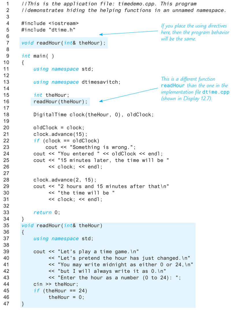 An illustration shows a code segment illustrating how to place a “Class” in a “Namespace–Application Program.”