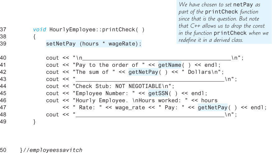 An illustration shows a code segment illustrating the implementation of the derived class “HourlyEmployee.”