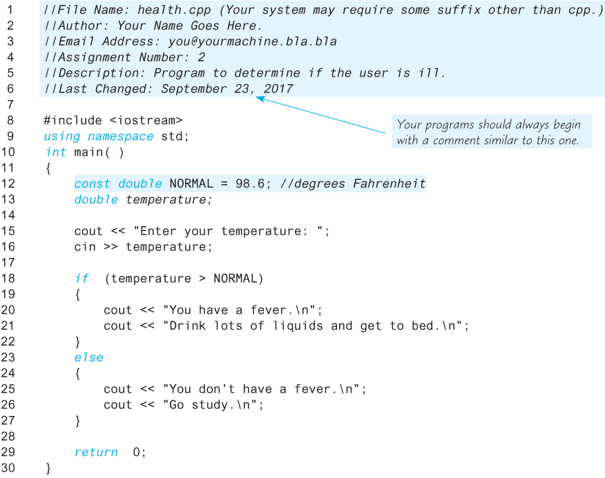 An illustration shows a code segment with comments.