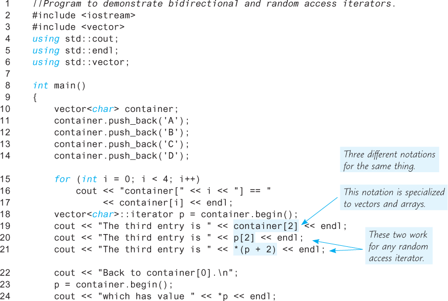 An illustration shows a code segment of “Bidirectional and Random Access Iterator Use.”