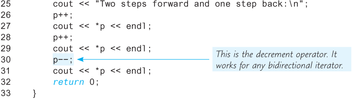 An illustration shows the continued part of the code segment of “Bidirectional and Random Access Iterator Use.”