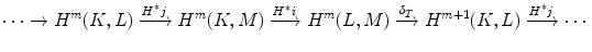 $$ \cdots \rightarrow H^m(K,L)\xrightarrow {H^*j} H^m(K,M) \xrightarrow {H^*i} H^m(L,M)\xrightarrow {\delta _T} H^{m+1}(K,L)\xrightarrow {H^*j} \cdots $$