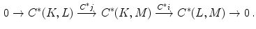 $$\begin{aligned} 0 \rightarrow C^*(K,L) \xrightarrow {C^*j} C^*(K,M) \xrightarrow {C^*i} C^*(L,M) \rightarrow 0 \, . \end{aligned}$$