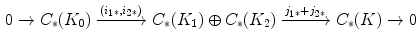 $$\begin{aligned} 0 \rightarrow C_*(K_0) \xrightarrow {(i_1{}_*,i_2{}_*)} C_*(K_1)\oplus C_*(K_2) \xrightarrow {j_1{}_*+j_2{}_*} C_*(K) \rightarrow 0 \end{aligned}$$