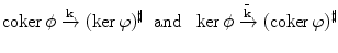 $$\mathrm{coker\,}\phi \xrightarrow {\mathbf{k}} (\ker \varphi )^\sharp \ \hbox { and } \ \ker \phi \xrightarrow {\bar{\mathbf{k}}} (\mathrm{coker\,}\varphi )^\sharp $$