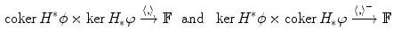 $$\begin{aligned} \mathrm{coker\,}H^*\phi \times \ker H_*\varphi \xrightarrow {\langle ,\rangle } {\mathbb F}\ \hbox { and } \ \ker H^*\phi \times \mathrm{coker\,}H_*\varphi \xrightarrow {\langle ,\rangle ^-} {\mathbb F}\end{aligned}$$