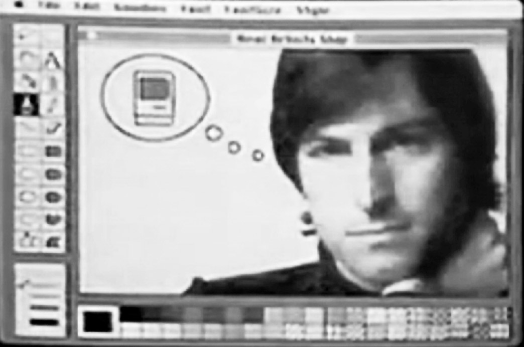 Illustration graphique de Steve Jobs sur l’écran du premier Macintosh en 1984.