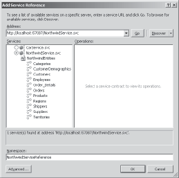 The Service Reference screen alerts your application to the WCF data service.