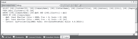 The LINQ to SQL query is written to the Output window by default.