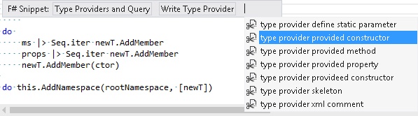 Code snippet to generate ProvidedConstructor, ProvidedProperty, and ProvidedMethod