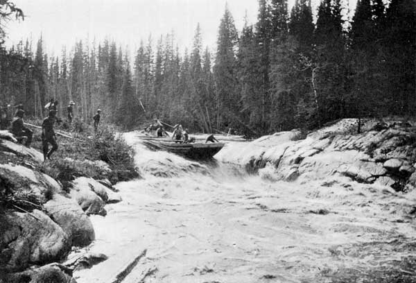 Traders running a mackinaw or keel-boat down the rapids of Slave River without unloading.