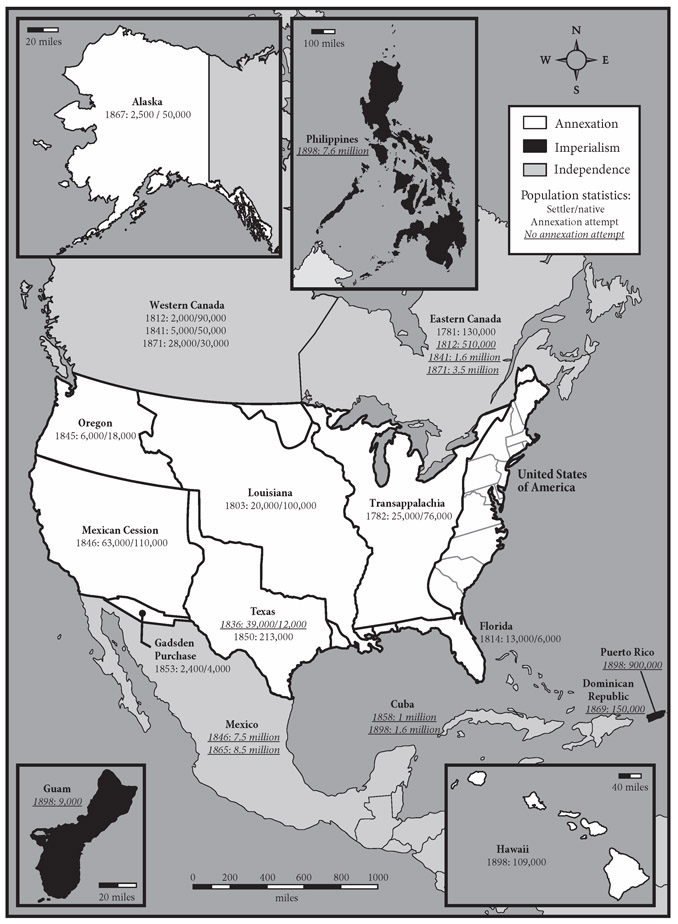 MAP 1. Map of U.S. territorial expansion. Territorial population data sources cited in chapters 3–7.