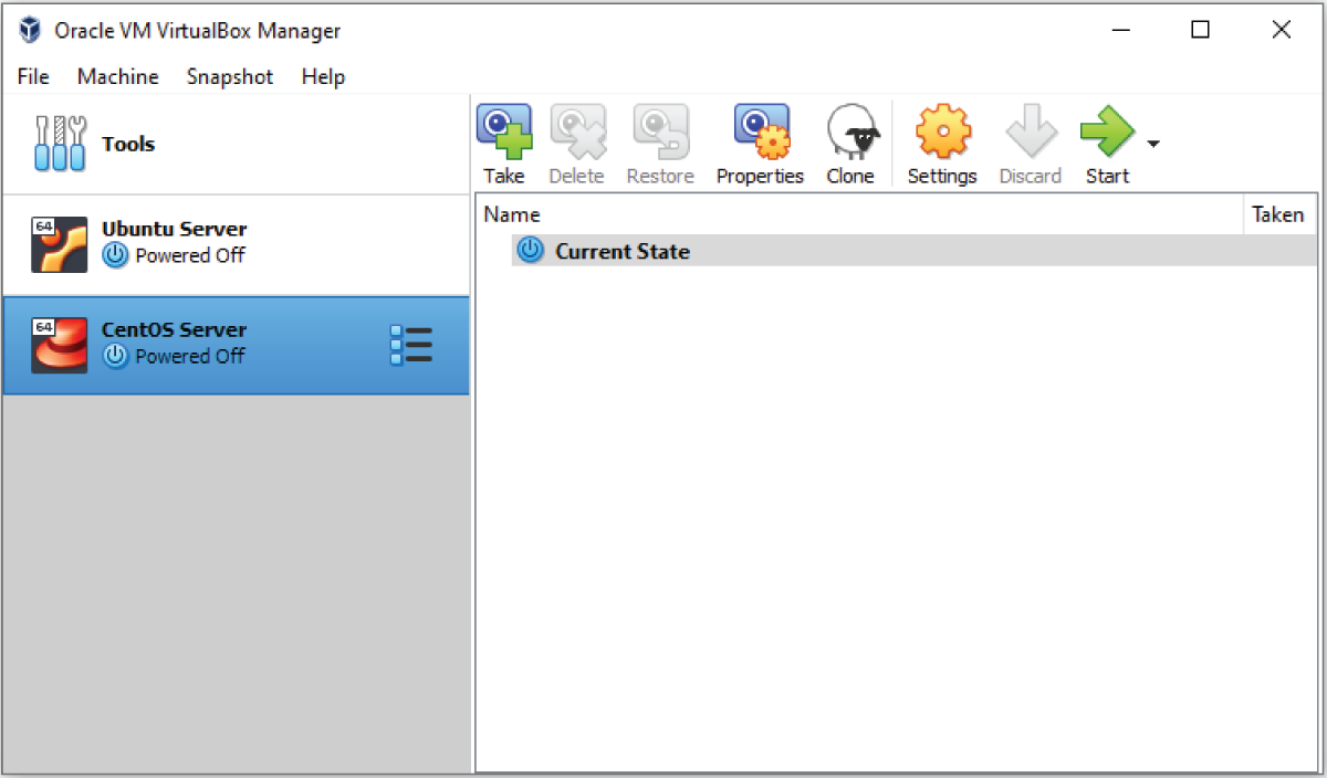 Snapshot of the VirtualBox Manager window with the CentOS Server VM in the
left pane