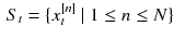 $$\begin{aligned} S_t&= \lbrace x_t^{[n]}\ |\ 1 \le n \le N \rbrace \end{aligned}$$