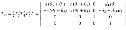 $$ T_{in} = {}_{2}^{1} T{}_{3}^{2} T{}_{4}^{3} T{}_{5}^{4} T = \left[ {\begin{array}{*{20}c} {s\left( {\theta_{3} + \theta_{5} } \right)} & {c\left( {\theta_{3} + \theta_{5} } \right)} & 0 & {d_{4} s\theta_{3} } \\ { - c\left( {\theta_{3} + \theta_{5} } \right)} & {s\left( {\theta_{3} + \theta_{5} } \right)} & 0 & { - d_{2} - d_{4} c\theta_{3} } \\ 0 & 0 & 1 & 0 \\ 0 & 0 & 0 & 1 \\ \end{array} } \right] $$