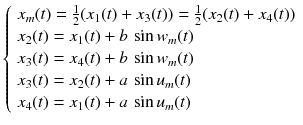 $$ \left\{ {\begin{array}{*{20}l} {x_{m} (t) = \frac{1}{2}(x_{1} (t) + x_{3} (t)) = \frac{1}{2}(x_{2} (t) + x_{4} (t))} \hfill \\ {x_{2} (t) = x_{1} (t) + b\,\sin w_{m} (t)} \hfill \\ {x_{3} (t) = x_{4} (t) + b\,\sin w_{m} (t)} \hfill \\ {x_{3} (t) = x_{2} (t) + a\,\sin u_{m} (t)} \hfill \\ {x_{4} (t) = x_{1} (t) + a\,\sin u_{m} (t)} \hfill \\ \end{array} } \right. $$