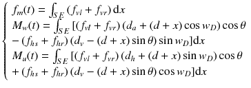 $$ \left\{ {\begin{array}{*{20}l} {f_{m} (t) = \int_{SE} {\left( {f_{vl} + f_{vr} } \right)\text{d} x} } \hfill \\ {M_{w} (t) = \int_{SE} {[\left( {f_{vl} + f_{vr} } \right)\left( {d_{a} + \left( {d + x} \right)\cos w_{D} } \right)\cos \theta } } \hfill \\ { - \left( {f_{hs} + f_{hr} } \right)\left( {d_{v} - \left( {d + x} \right)\sin \theta } \right)\sin w_{D} ]\text{d} x} \hfill \\ {M_{u} (t) = \int_{SE} {[\left( {f_{vl} + f_{vr} } \right)\left( {d_{h} + \left( {d + x} \right)\sin w_{D} } \right)\cos \theta } } \hfill \\ { + \left( {f_{hs} + f_{hr} } \right)\left( {d_{v} - \left( {d + x} \right)\sin \theta } \right)\cos w_{D} ]\text{d} x} \hfill \\ \end{array} } \right. $$