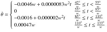 $$ \dot{\theta } = \left\{ {\begin{array}{*{20}l} { - 0.0046w + 0.0000083w^{2} t} \hfill & {\frac{42^\circ }{w} \le t < \frac{55^\circ }{w}} \hfill \\ 0 \hfill & {\frac{55^\circ }{w} \le t < \frac{85^\circ }{w}} \hfill \\ { - 0.0016 + 0.000002w^{2} t} \hfill & {\frac{85^\circ }{w} \le t \le \frac{110^\circ }{w}} \hfill \\ {0.00047w} \hfill & {\frac{110^\circ }{w} \le t \le \frac{133^\circ }{w}} \hfill \\ \end{array} } \right. $$