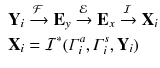 $$\begin{aligned} \begin{aligned}&\mathbf Y _i \xrightarrow {\mathcal {F}} \mathbf E _y \xrightarrow {\mathcal {E}} \mathbf E _x \xrightarrow {\mathcal {I}} \mathbf X _i \\&\mathbf X _i=\mathcal {I}^*(\varGamma ^{a}_i,\varGamma ^{s}_i,\mathbf Y _i) \end{aligned} \end{aligned}$$