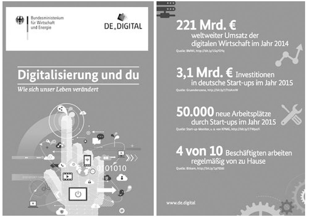 Figura 2: La brochure Tu e la digitalizzazione (titolo nella pagina a sinistra) è stata pubblicata nel marzo 2016 a cura del Ministero per l’economia e l’energia. Il nostro futuro digitale vi viene dipinto a tinte rosee, come mostra per esempio la previsione per il 2017 di 50.000 nuovi posti di lavoro grazie alla digitalizzazione (a destra).