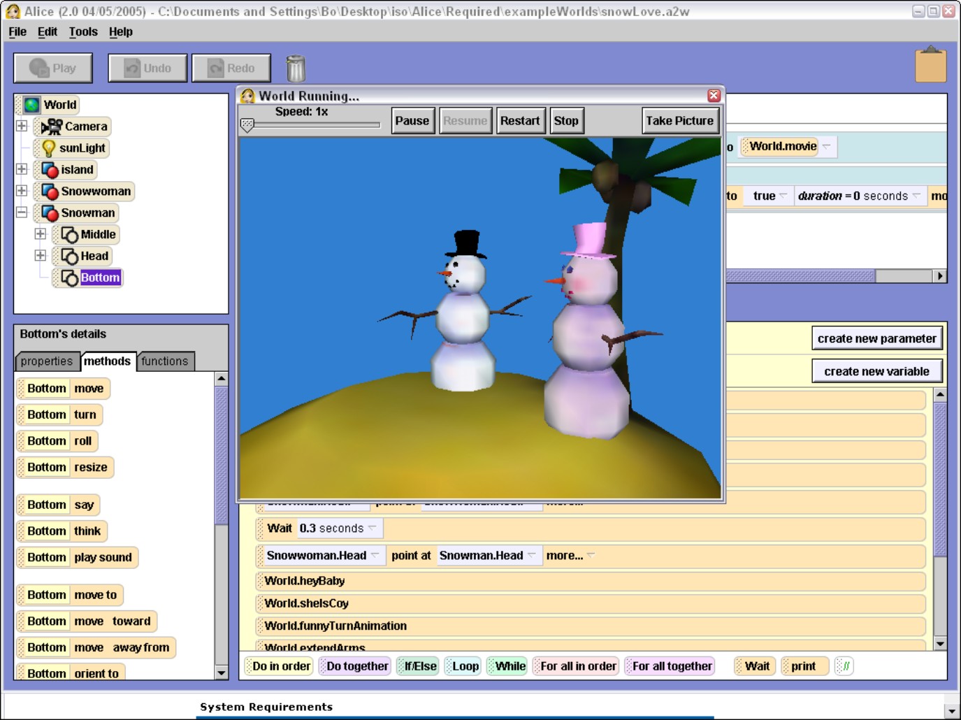 Figure 3-3: An Alice program creates an animated character on-screen and moves it around.