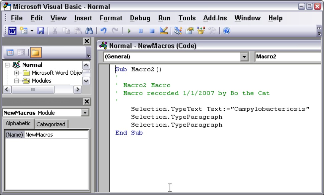 Figure 3-6: Recording keystrokes automatic-ally creates the equivalent VBA code in Microsoft Word.