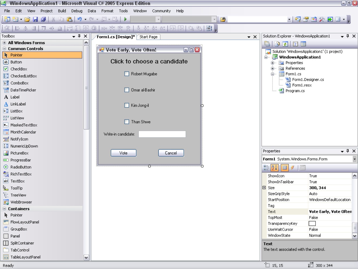 Figure 1-10: Creating a user interface involves picking common items, such as buttons and check boxes, and then drawing them on a window.