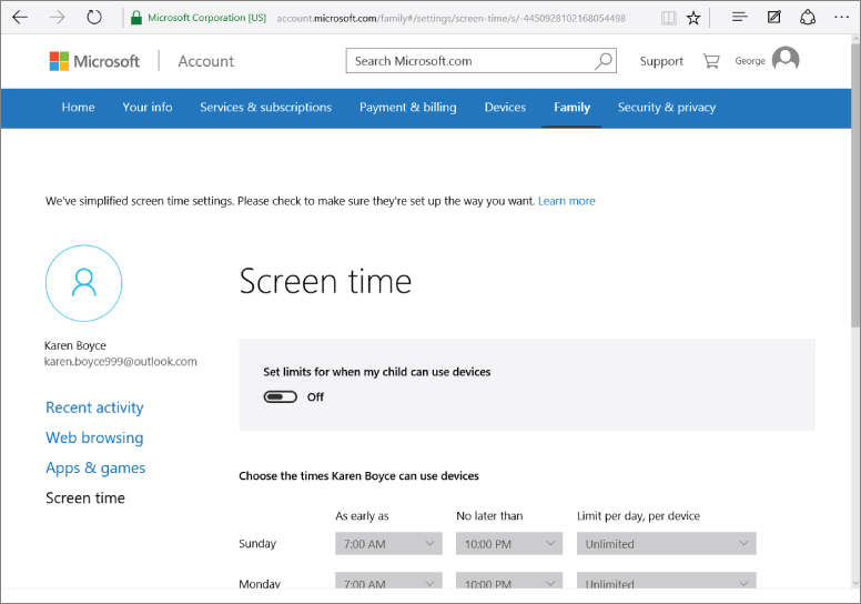 Screenshot of Windows 10 Screen Time page under Family Safety settings. Page displays the Screen time tab selected on the left, time slider ON/OFF control for setting limits, and the time usage schedule options.