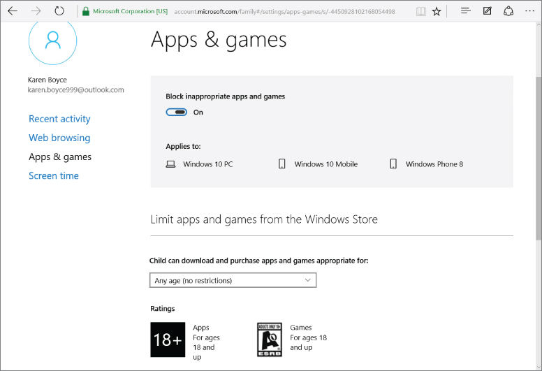 Screenshot of Windows 10 Apps and games page under Family Safety settings displaying the Apps and games tab selected, block slider ON/OFF control, drop-down list for apps and games restrictions and the ratings.