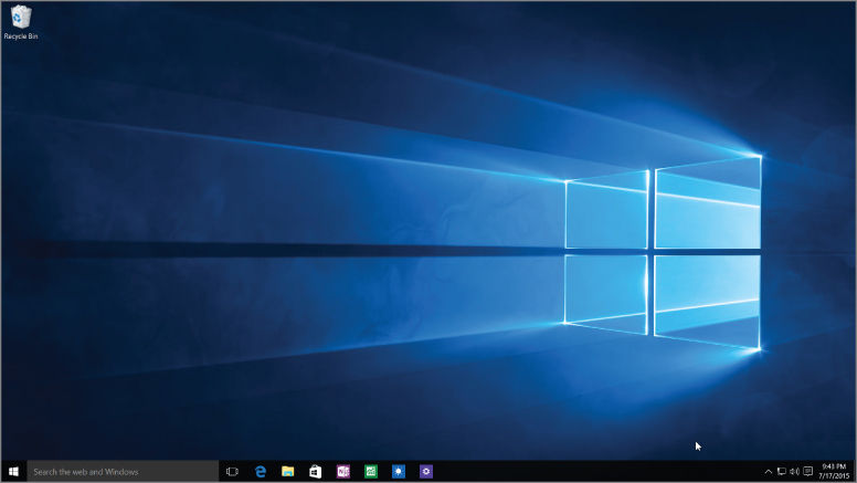 Screenshot of Windows 10 desktop displaying one of the default themes. Theme displays a glass Windows logo on the right and facing left, with a bright light coming from the logo.