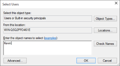 Screenshot of the Select Users dialog box presenting options to select object type and the location it came from. Kevin is entered into the textbox of the object name section.