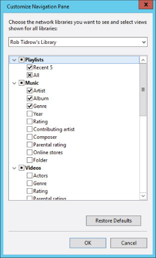 Screenshot of the Customize Navigation Pane dialog box presenting categories under the Playlists, Music, and Videos nodes. Under Music are Artist, Album, and Genre categories with checked boxes.