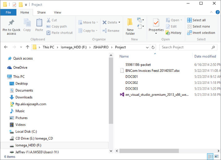 Screenshot of the Project window presenting the file contents of Iomega_HDD (F:).