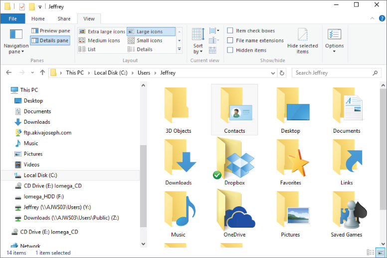 Screenshot presenting the file contents of Jeffrey folder on the Details pane in Large icons.