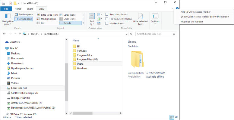 Screenshot of Explorer Window with options on the upper right corner of the window to show or hide the ribbon bar: Add to Quick Access Toolbar, Show Quick Access Toolbar below the Ribbon, and Minimize the Ribbon.