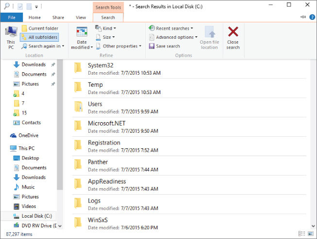 Screenshot of Windows Explorer on Search tab. All Subfolders option is selected. On the pane below are folders: System32, Temp, Users, Microsoft.NET, Registration, Panther, AppReadiness, Logs, and WinSxS.