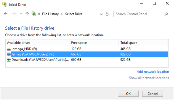 Screenshot of Select Drive window presenting a list of available drives and their free spaces and total capacities.