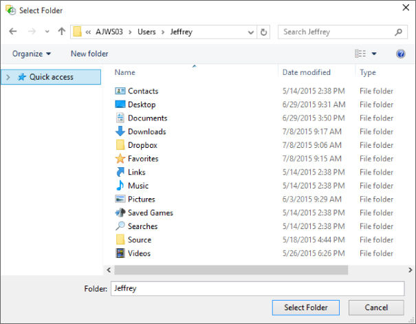 Screenshot of the Select Folder window presenting Quick Access folder in the Navigation pane and a list of file folders in the Details pane. Below is a Folder Name field and a Select Folder button.