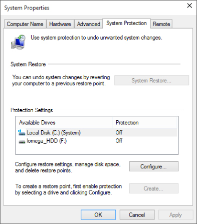 Screenshot of the System Protection tab of the System Properties dialog box displaying options for System Restore, Protection Settings, Configure restore settings, and Create restore point.