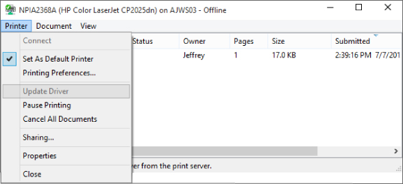 Screenshot of NPIA2368A (HP Color LaserJet CP2025dn) on AJWS03 - Offline window presenting print queue's Printer menu. Set As Default Printer command is selected.