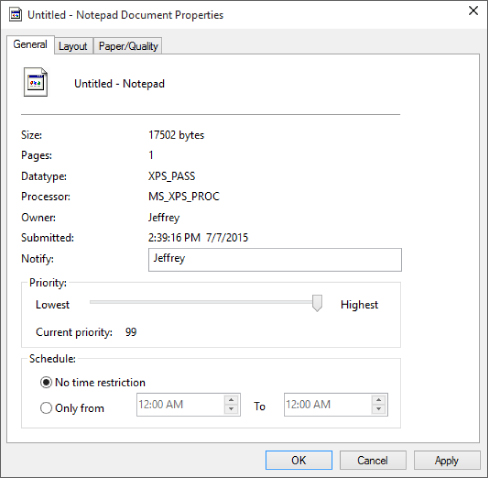 Screenshot of the Untitled - Notepad Document Properties dialog box presenting the General tab with a Priority slider set to the highest (right).