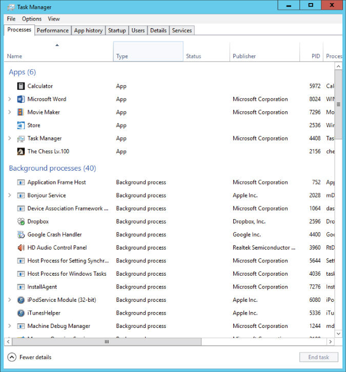 Screenshot of the Processes tab in the Task Manager window presenting additional columns, namely, Type, Publisher, PID, and Processes.