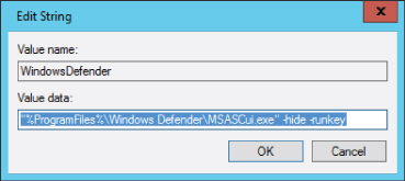 Screenshot of the Edit String dialog box with an input data (WindowsDefender) on Value name and a highlighted data on Value data. The OK and Cancel buttons are displayed below.