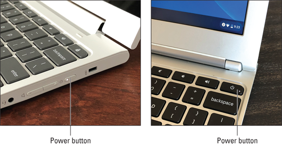 Photos depict the Power button on two different Chromebook models.