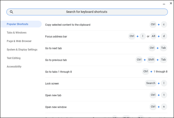 Snapshot of the Keyboard Shortcut Help page. Use the Keyboard Shortcuts screen for a quick reminder.