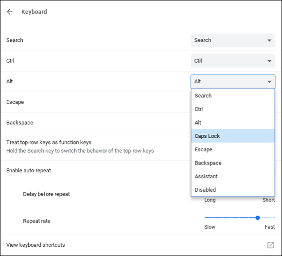 Snapshot of reconfiguring the Alt key from the drop down menu.