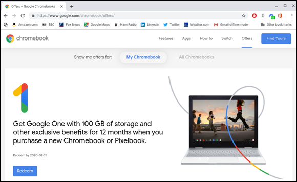 Snapshot of Google, which often has the promotions for new Chromebook users.